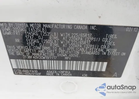 2012 Toyota Rav4 z USA, uszkodzony, nr VIN 2T3BF4DV2CW191117